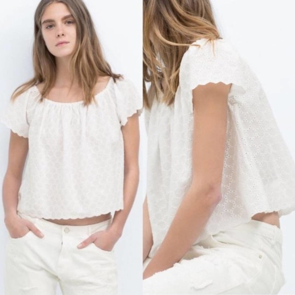 Zara Trafaluc White Off-The-Shoulder Eyelet Top